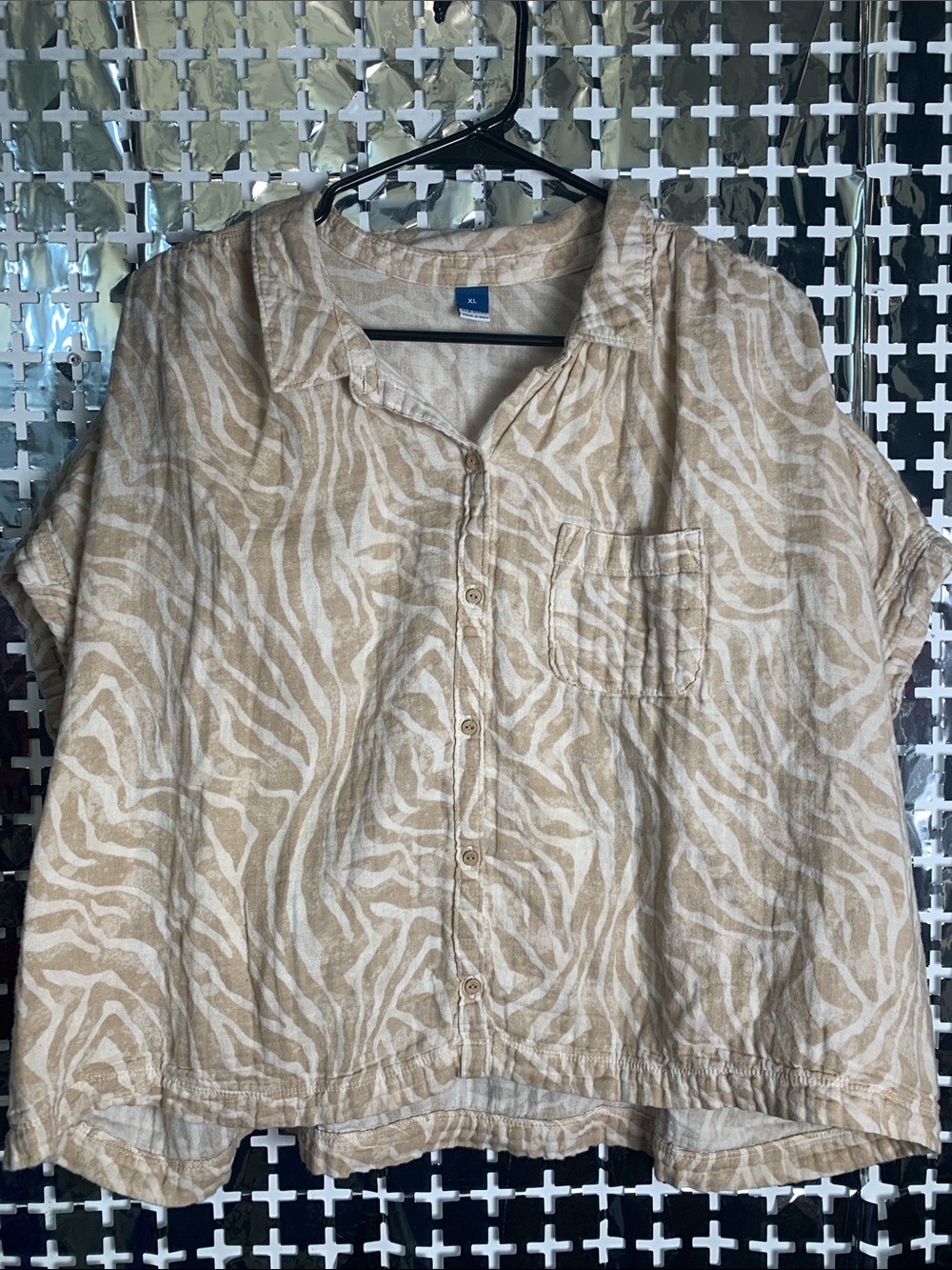 Old Navy Beige and Cream Zebra Print Button-Down Top